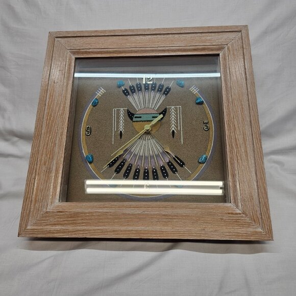 Navajo Sand Art painting Clock hand crafted w/ turquoise stones framed glass - Picture 11 of 15